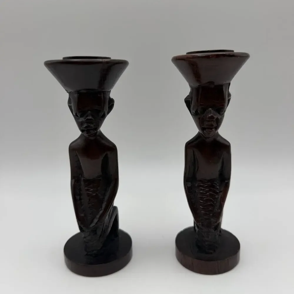 African Tribal Style Hand Carved Wooden Candlestick Taper Holders Set of 2
